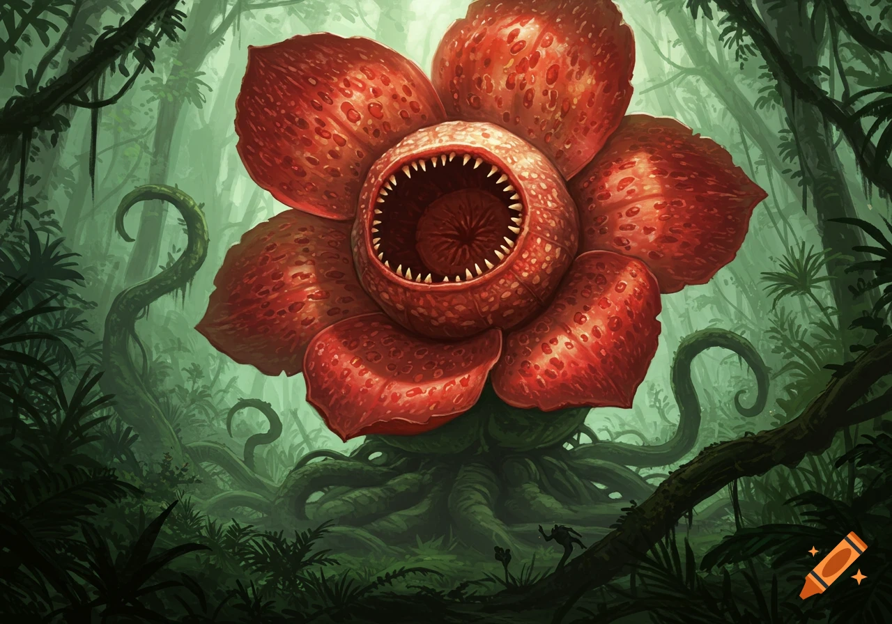 A large, red, toothy plant monster resembling a rafflesia flower looms in a dark, overgrown jungle.