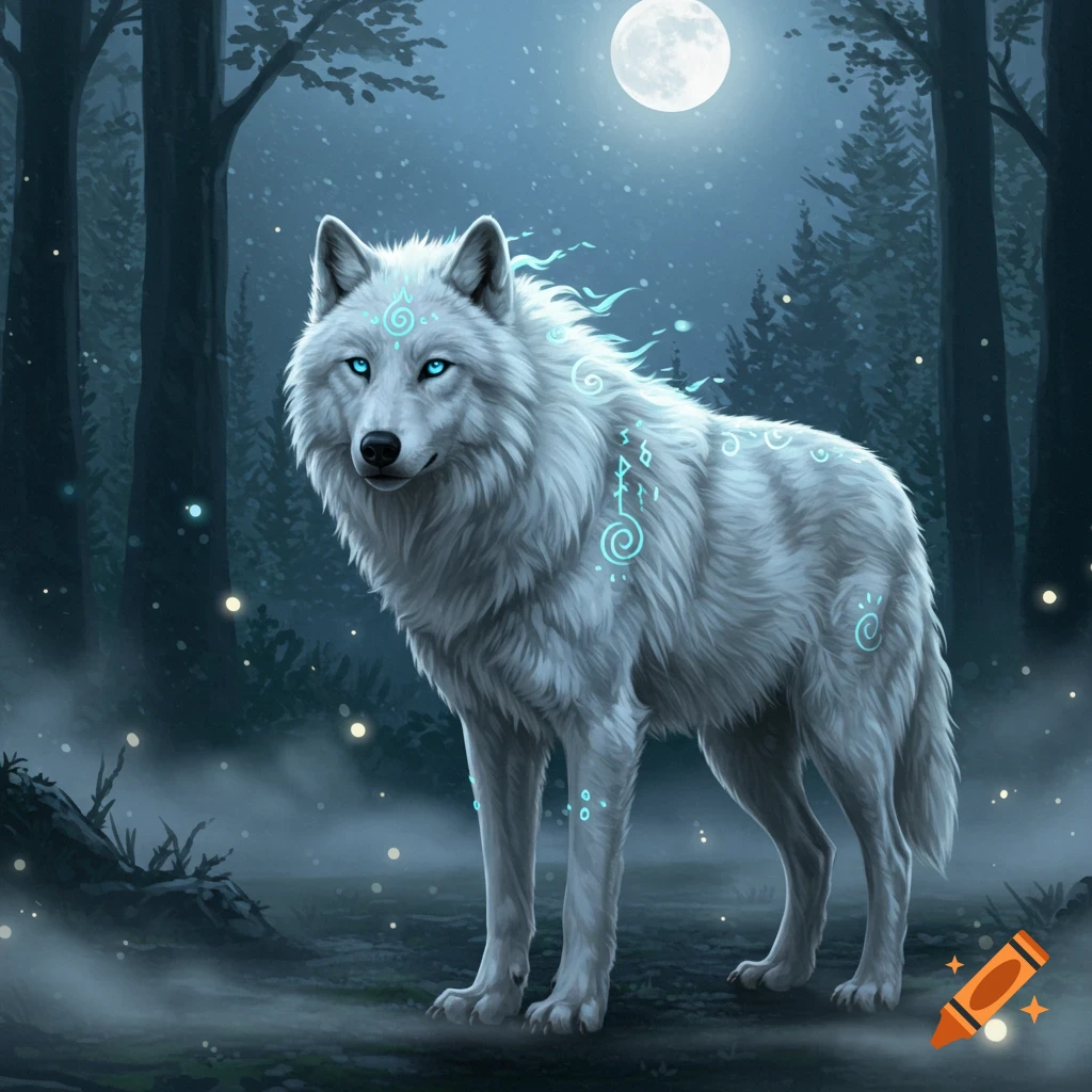 A majestic white wolf with glowing blue eyes and mystical symbols on its fur stands in a dark, moonlit forest.