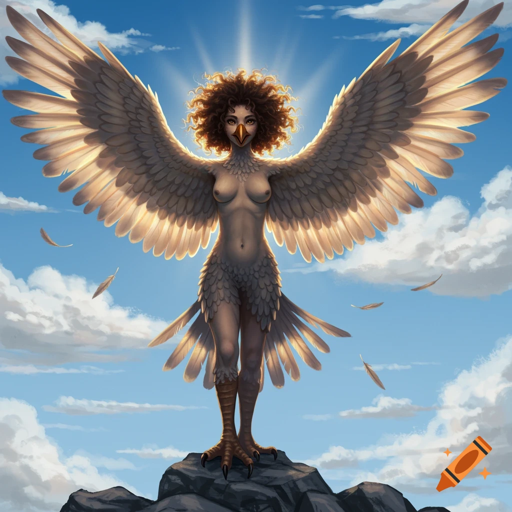 A female harpy with a beak, curly brown hair, and large wings, standing on a rock against a bright sky.