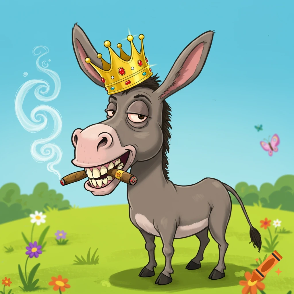 A cartoon donkey with a big smile wears a gold crown and smokes a cigar, standing in a green field with colorful flowers and a butterfly.