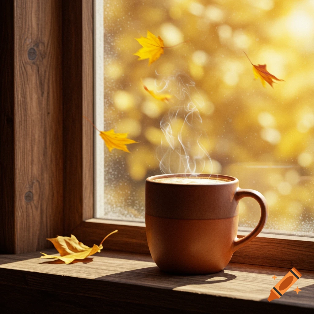 Steaming mug on a wooden windowsill with golden autumn leaves outside a rainy window.