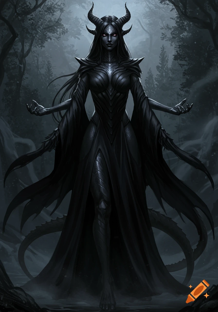 A tall, dark-skinned female dragonborn with horns and red eyes, wearing black robes, stands in a misty forest.