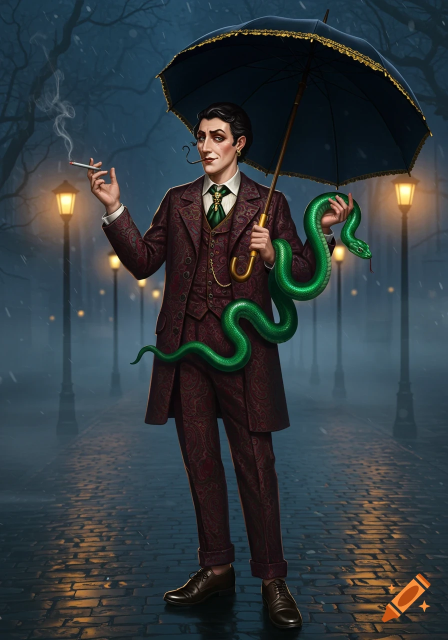 A dandy in a patterned suit smoking a cigarette under an umbrella, holding a green snake on a rainy street with glowing gas lamps.