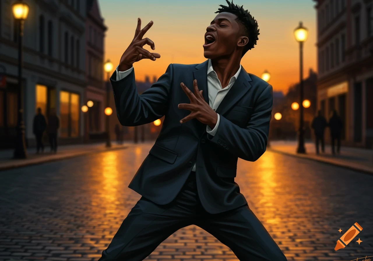 A man in a suit strikes a pose with exaggerated hand gestures on a cobblestone street at dusk, bathed in warm streetlamp glow.