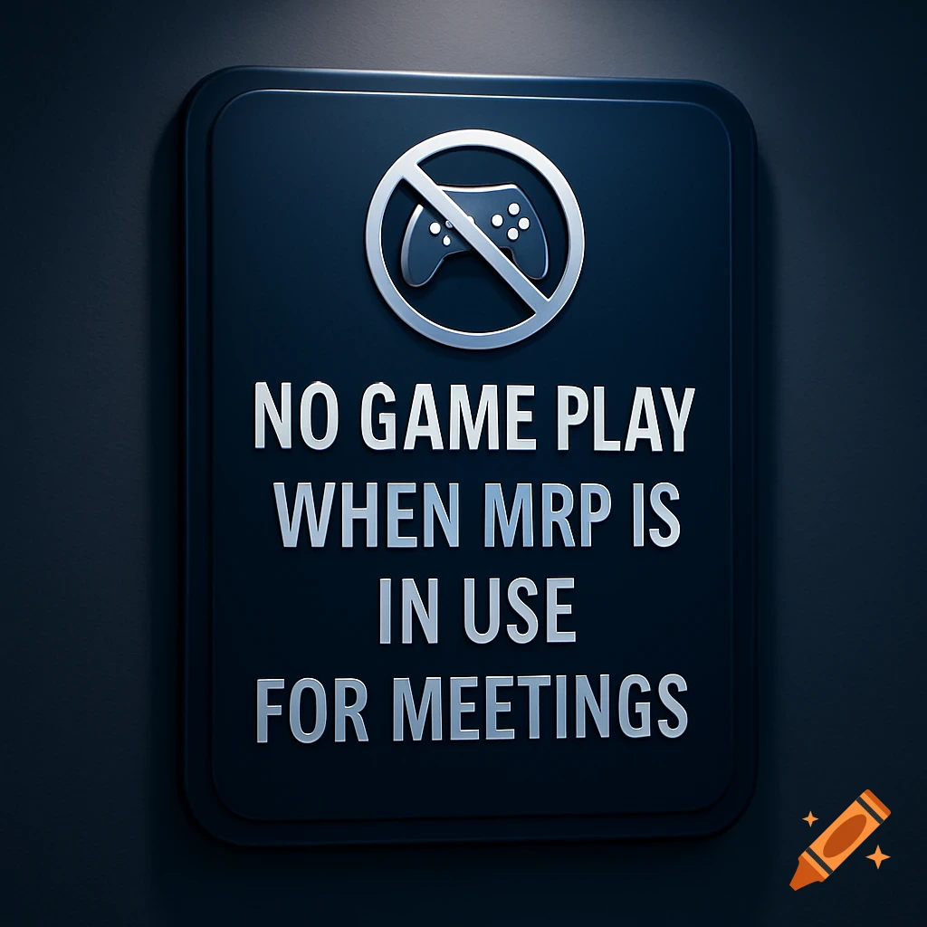 A dark blue sign with a crossed-out game controller above text that reads "NO GAME PLAY WHEN MRP IS IN USE FOR MEETINGS".