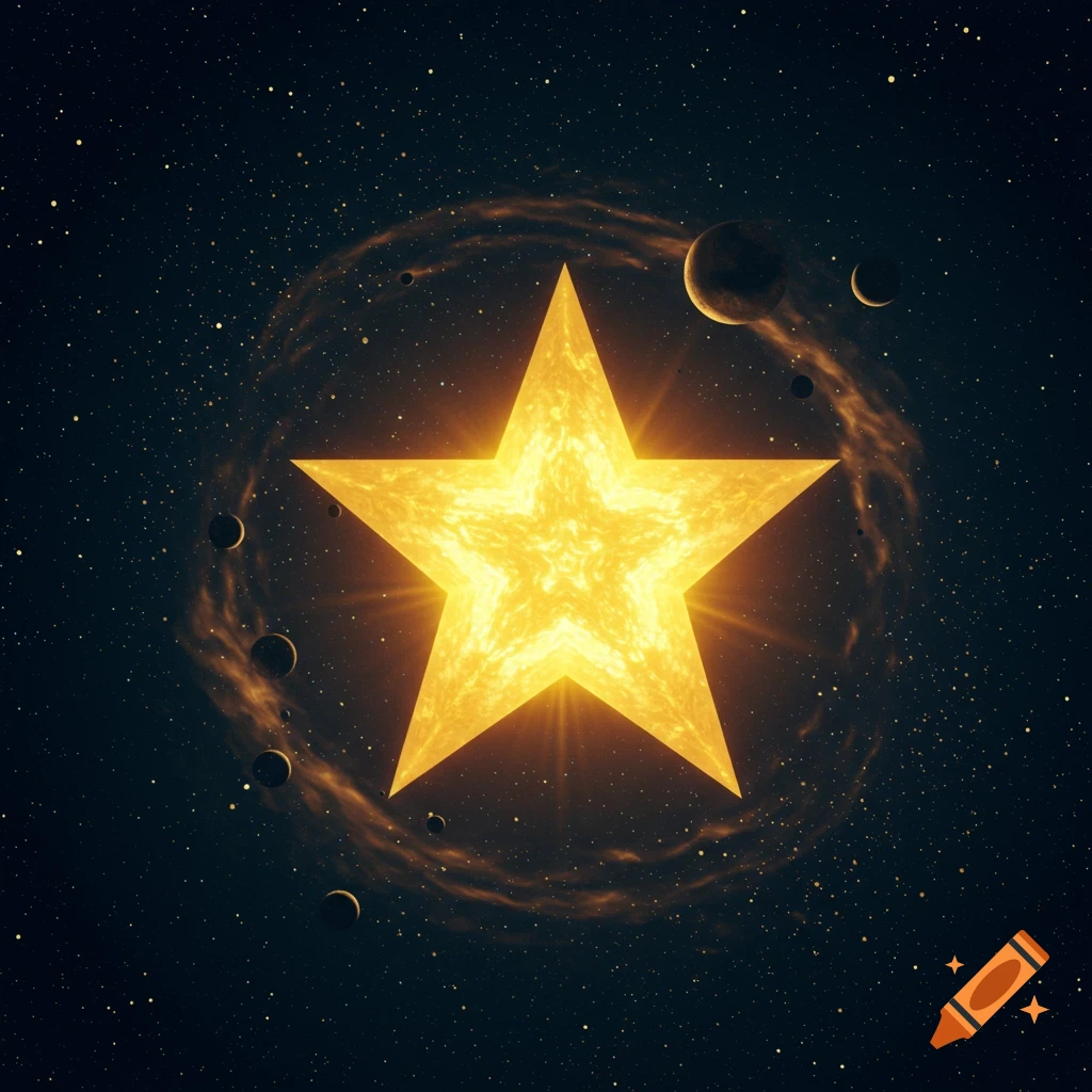 A glowing yellow five-pointed star is centered in a dark, star-filled cosmic scene with orbiting planets and a swirling nebula.