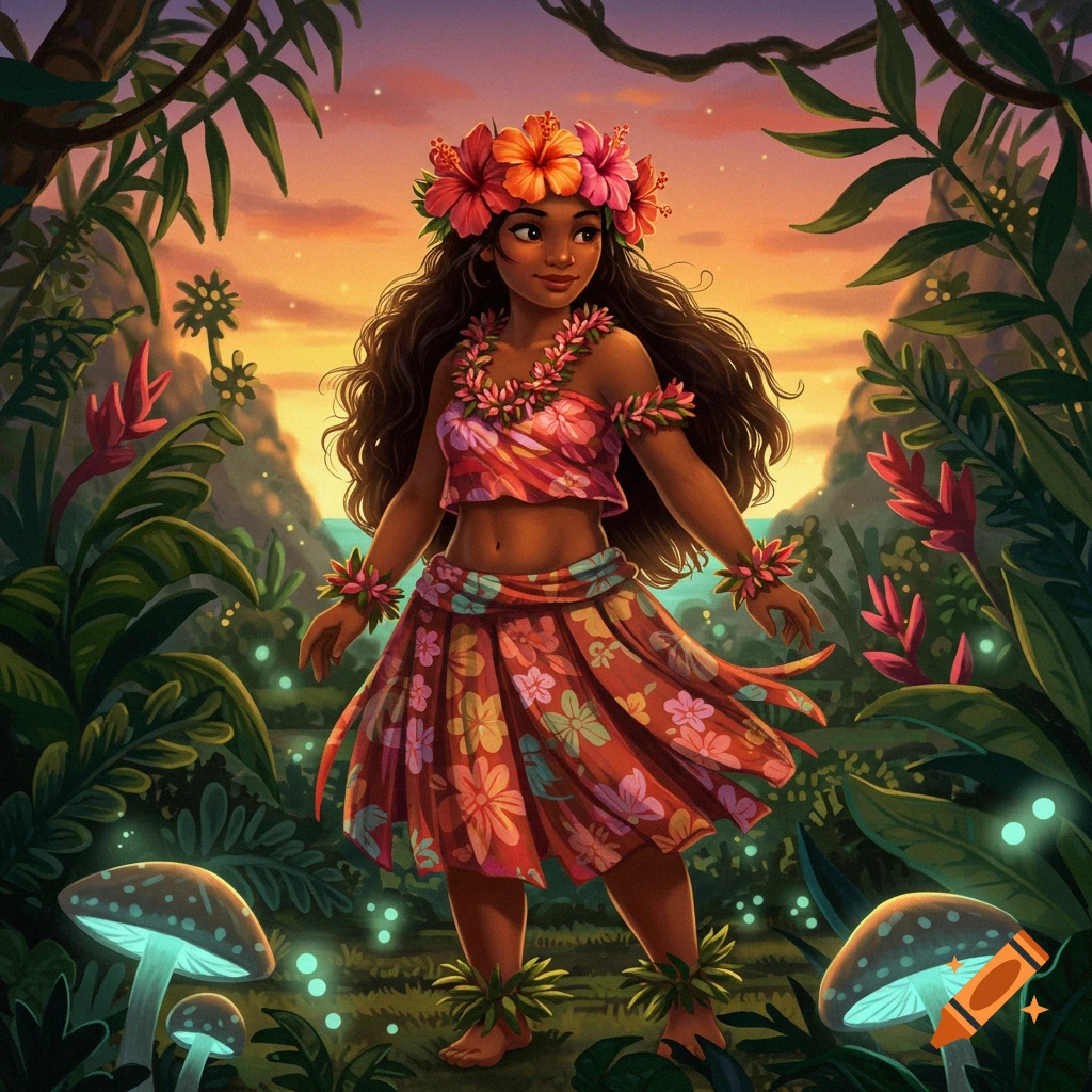 A vibrant fantasy illustration of an island girl with long dark hair, wearing a floral hula skirt and top, adorned with hibiscus flowers, standing among glowing mushrooms and lush tropical foliage at sunset.