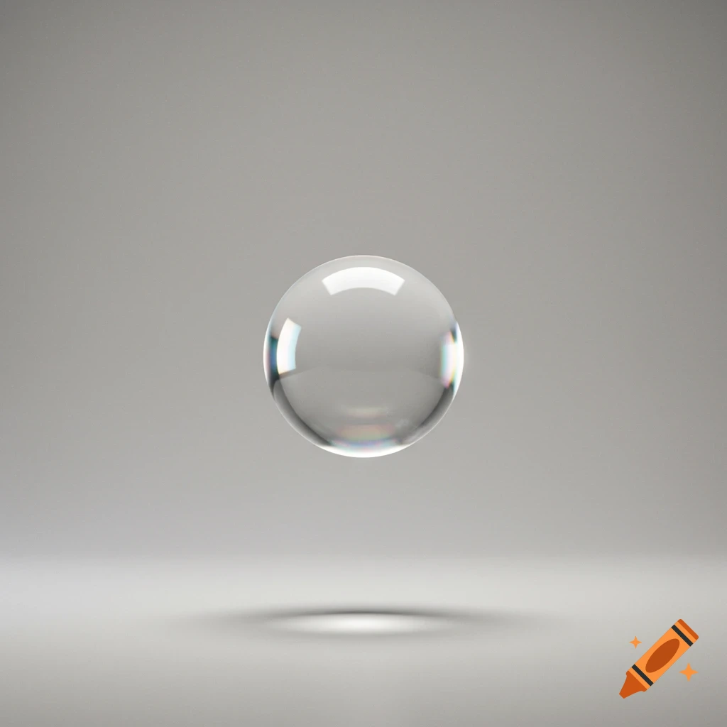 A clear, transparent glass sphere floats above a light gray surface, casting a subtle shadow. Photorealistic.