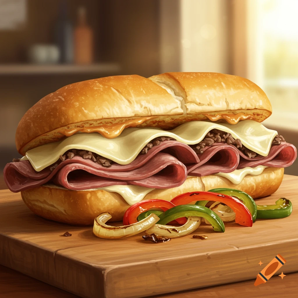 A close-up, photorealistic image of a Philly cheesesteak sandwich with meat, melted cheese, and grilled peppers and onions on a wooden cutting board.