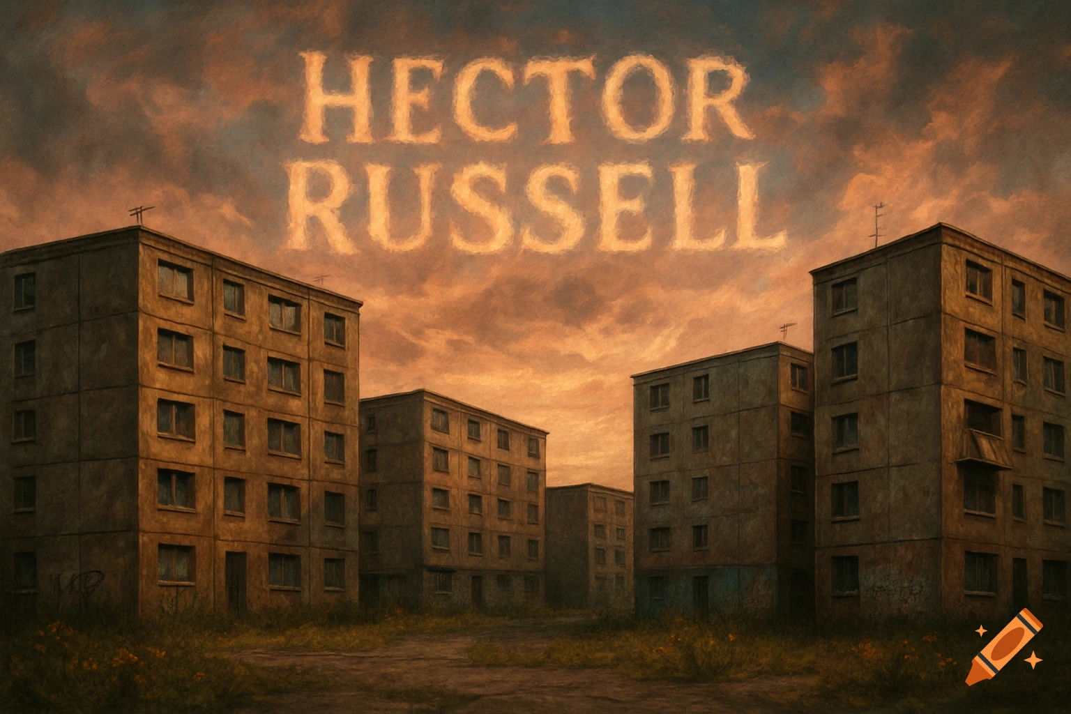 The text "HECTOR RUSSELL" glows in an orange, cloudy sky above a row of rundown, gray apartment buildings with overgrown grass.