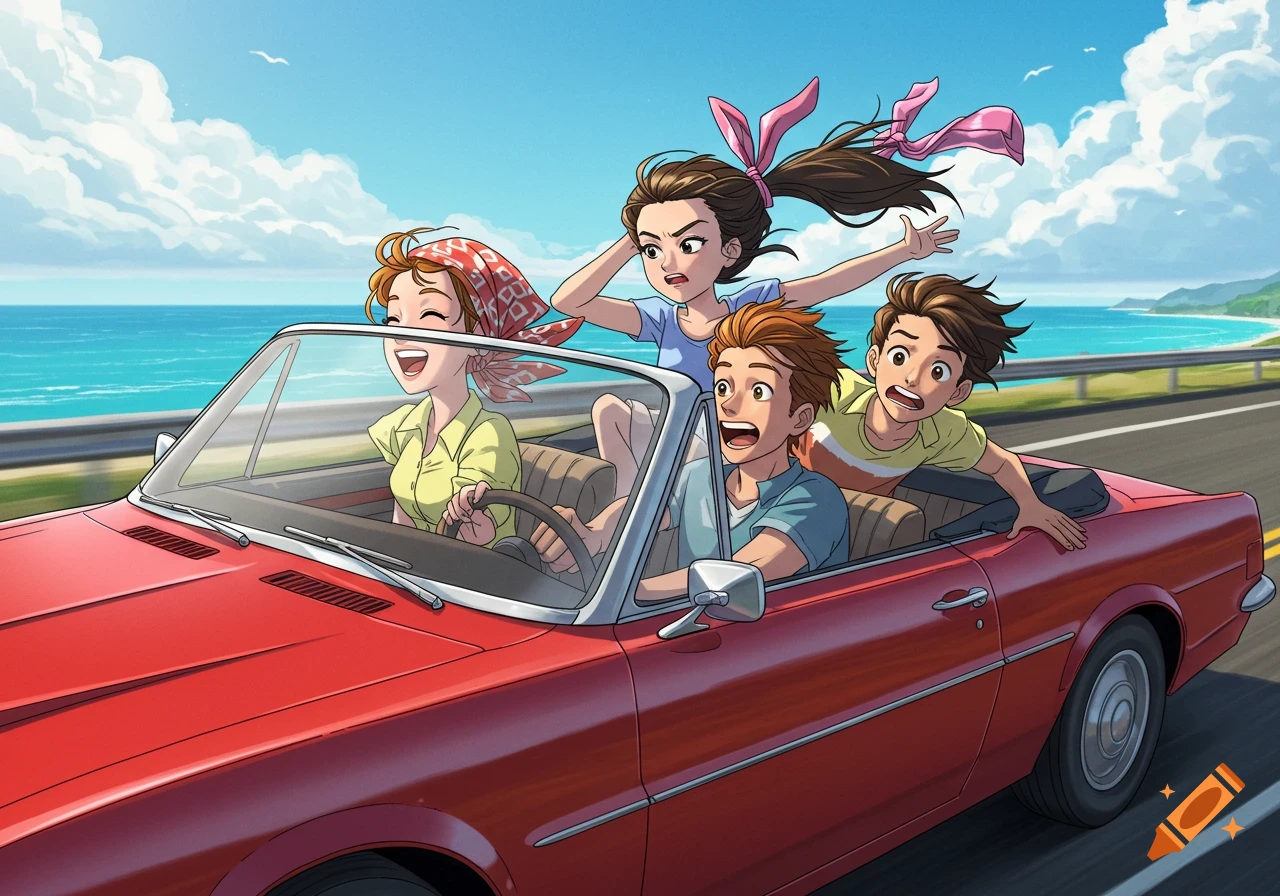 Four cartoon characters in a red convertible drive along a scenic coastal highway. The front passenger is happy, while the back passengers are reacting to the wind and a flying bow.
