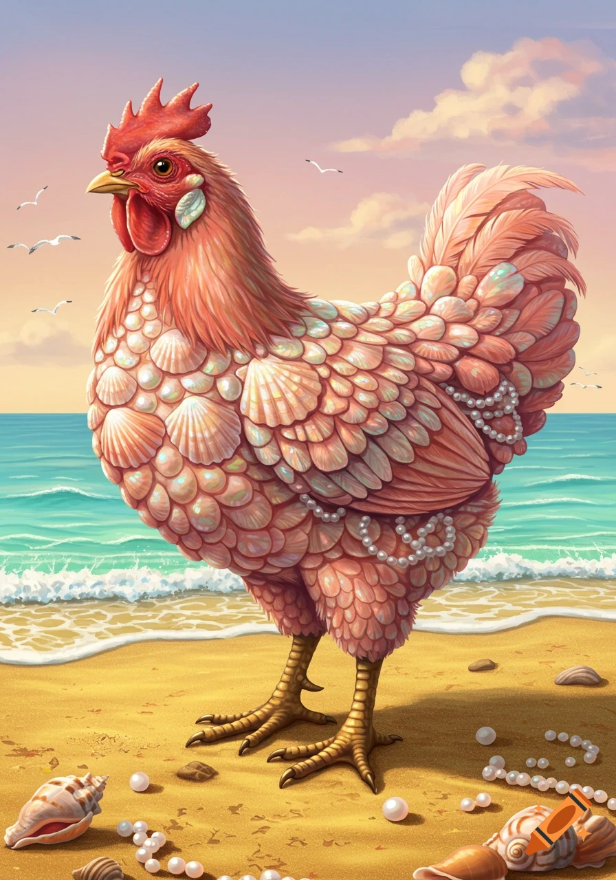 A whimsical chicken with a body of seashells and pearls stands on a beach, with ocean waves and a sunset in the background.
