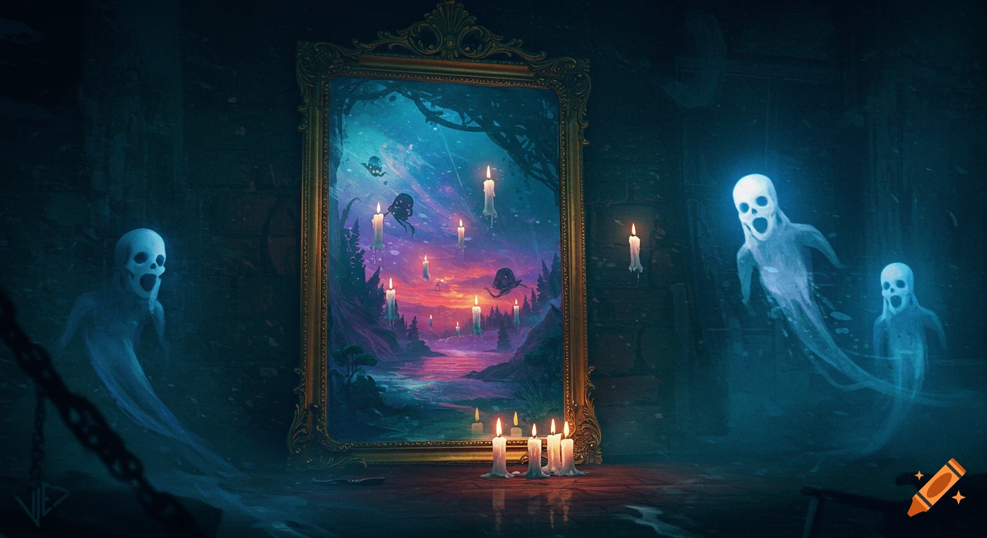 Eerie dark fantasy art showing an ornate mirror reflecting a surreal landscape with floating candles, surrounded by ghostly figures and more candles.