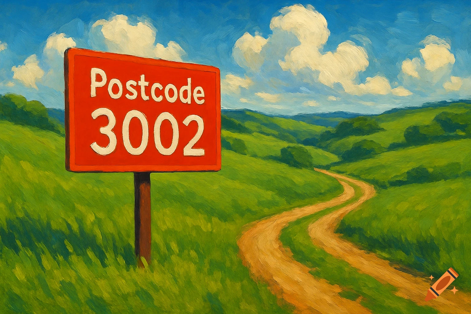 An oil painting of a red sign with 'Postcode 3002' beside a winding dirt road in green rolling hills under a blue sky.