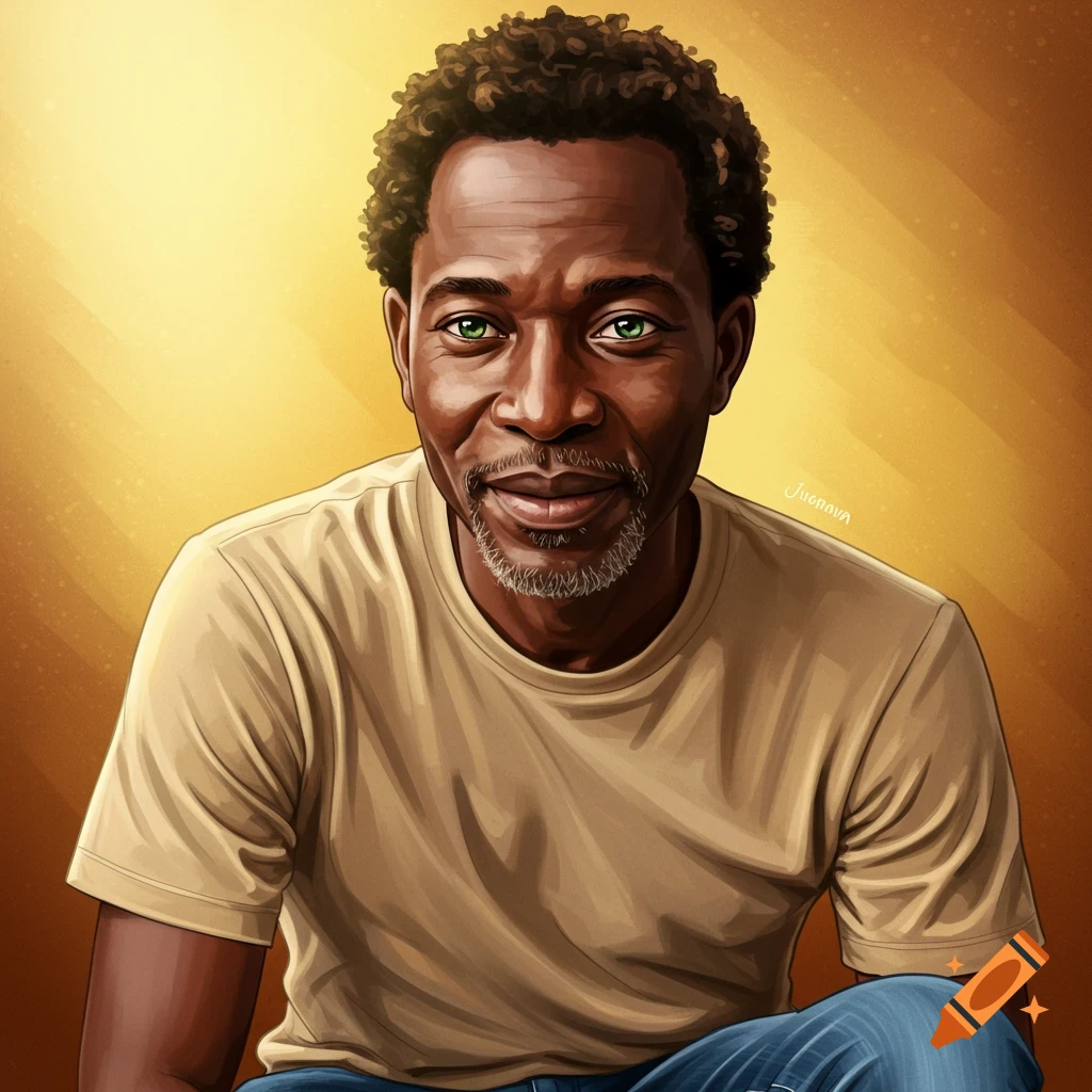 Digital painting of a smiling Black man with short curly hair, graying beard, green eyes, wearing a beige t-shirt and blue jeans, against a warm gold background.
