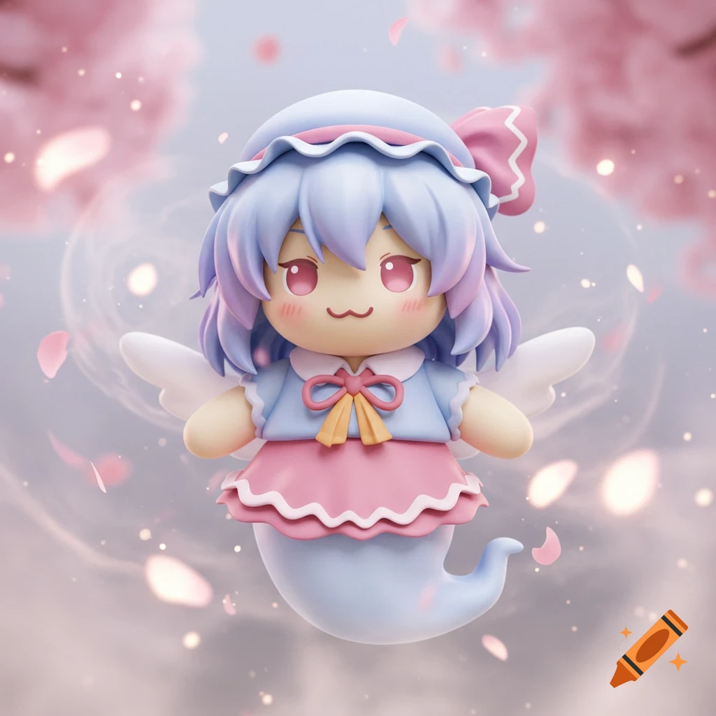 A cute, stylized chibi character with blue and pink clothes, purple hair, white wings, and a ghost-like tail floats amidst pink cherry blossoms.
