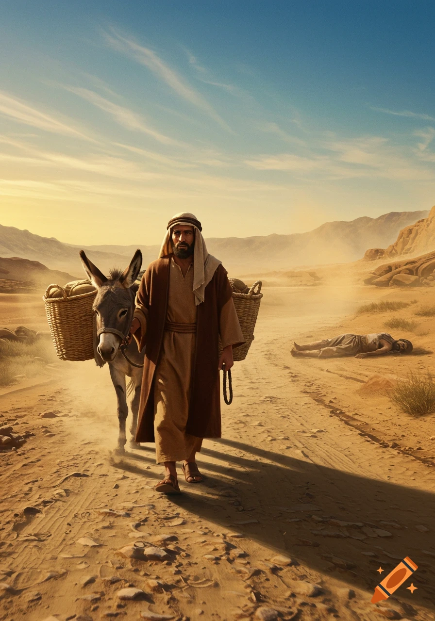 An ancient Near Eastern man walks with a donkey carrying baskets along a dusty desert road, with a person lying on the ground nearby under a bright sky.