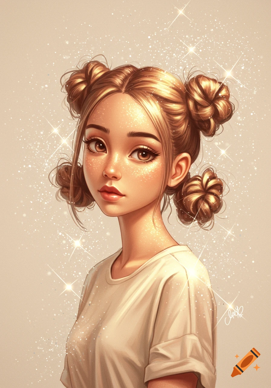 Stylized digital portrait of a girl with light brown hair in four buns, wearing a beige t-shirt, against a sparkling beige background.