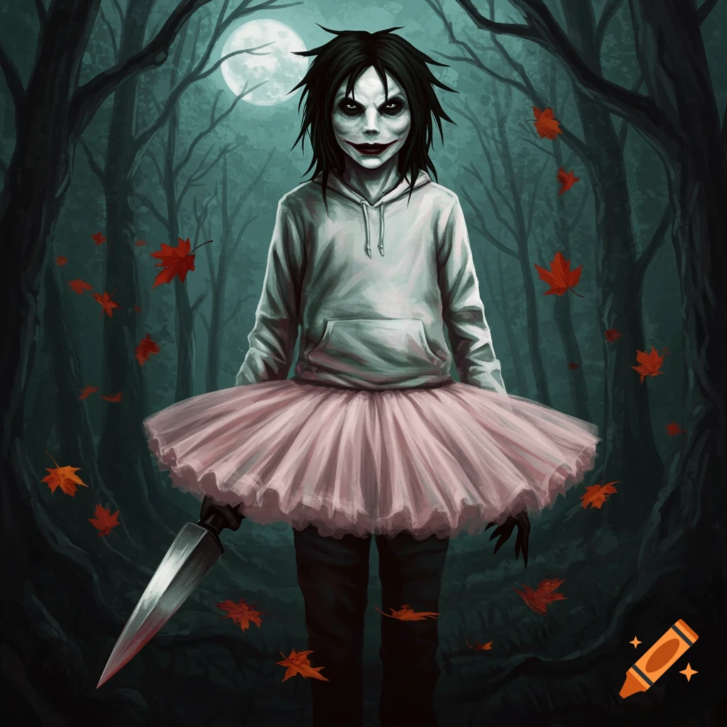 Digital illustration of Jeff the Killer in a white hoodie and pink tutu skirt, holding a large knife in a dark, eerie forest under a full moon.