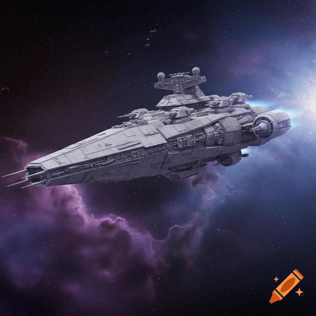 A detailed view of a grey Star Wars light cruiser spaceship flying through a purple and blue nebula in space.