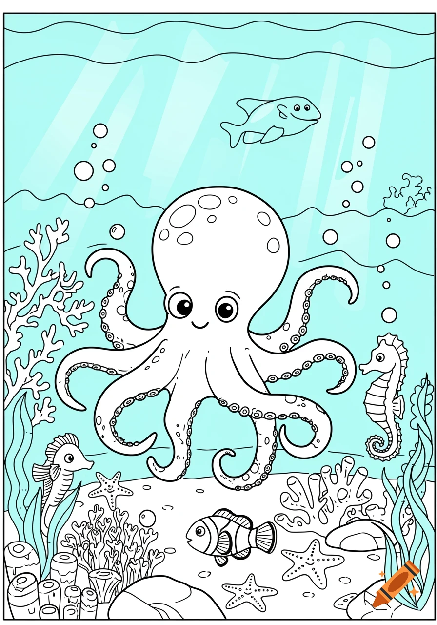 A cute line art octopus, two seahorses, starfish, and a clownfish in an underwater scene for a children's coloring book.