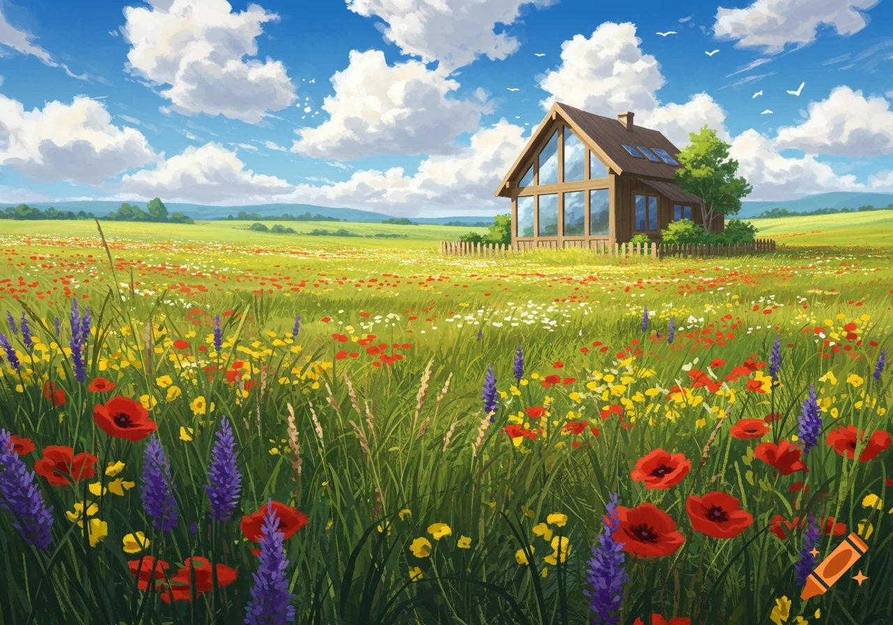 A vibrant field of wildflowers with an A-frame house under a blue sky with white clouds.
