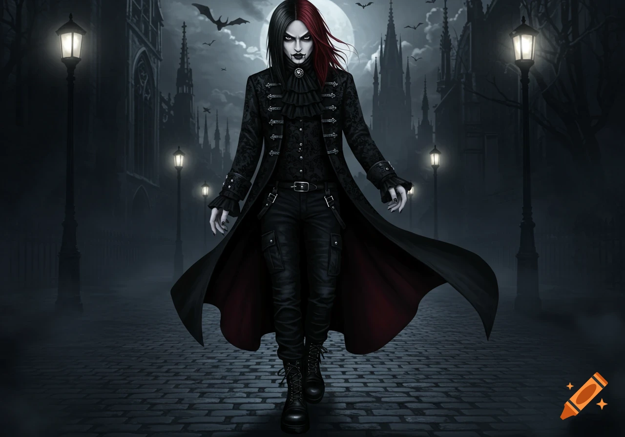 A gothic character with black and red hair, wearing a black Victorian coat and boots, walks down a cobblestone street at night with gothic architecture, lampposts, a full moon, and bats in the background.