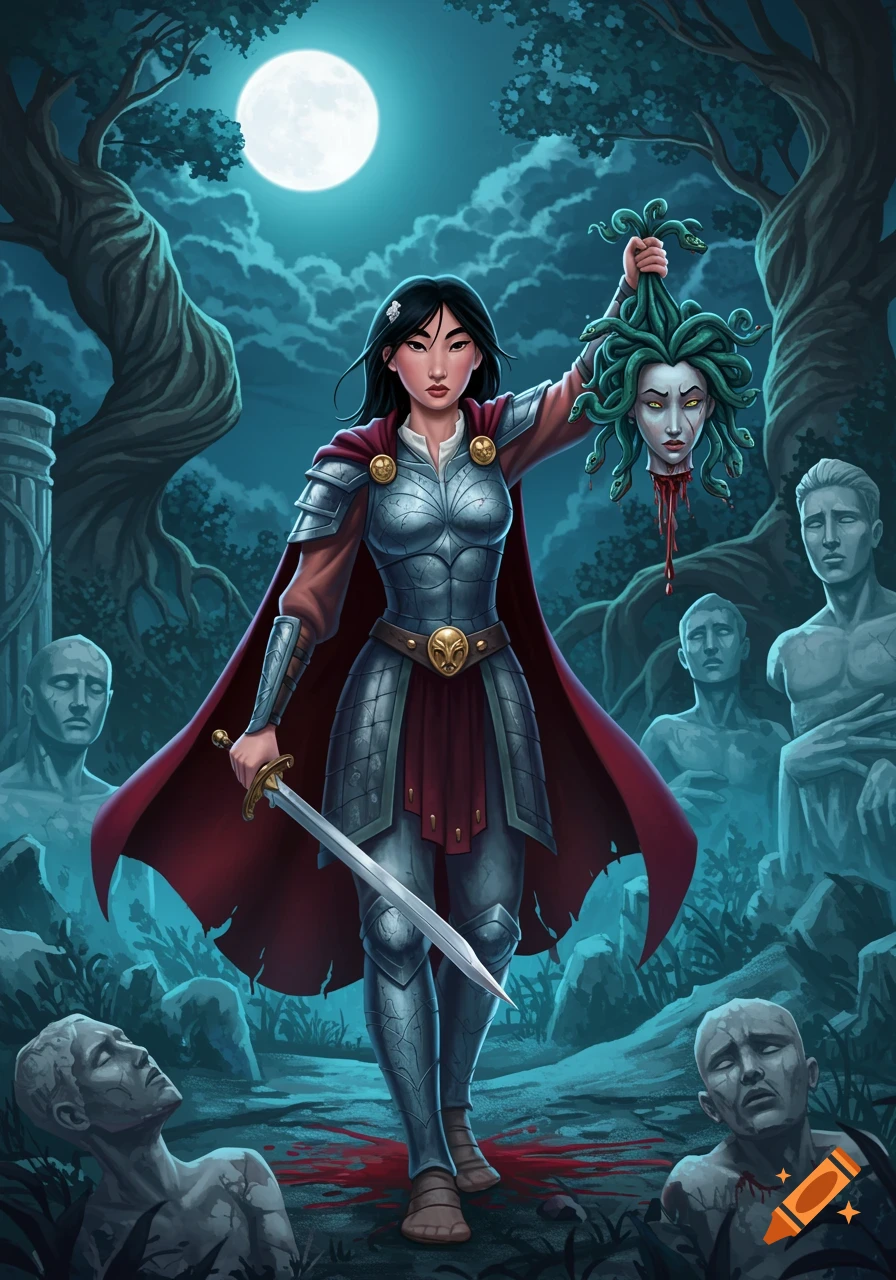 Mulan in armor holds Medusa's severed head, standing among petrified figures in a moonlit forest. Fantasy art.