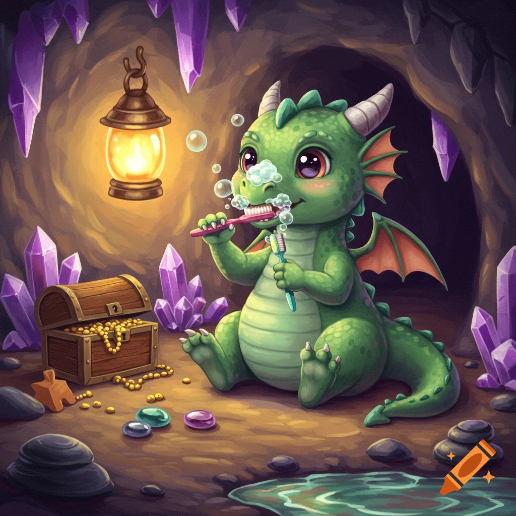 A cute green baby dragon brushes its teeth, blowing bubbles, inside a treasure-filled cave with glowing purple crystals and a lantern.