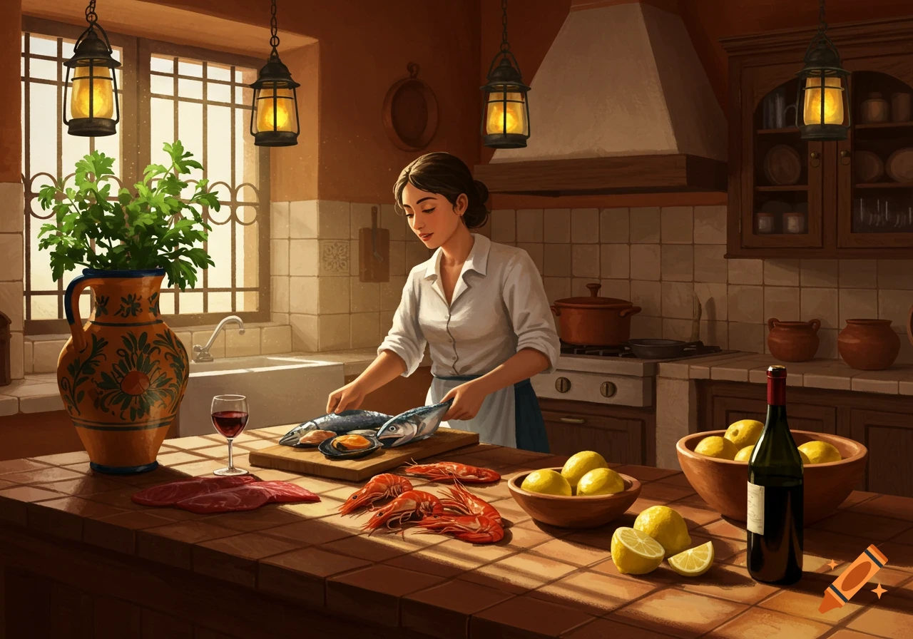 A woman in a rustic kitchen prepares seafood, including fish, shrimp, and mussels, alongside lemons and wine on a tiled counter.