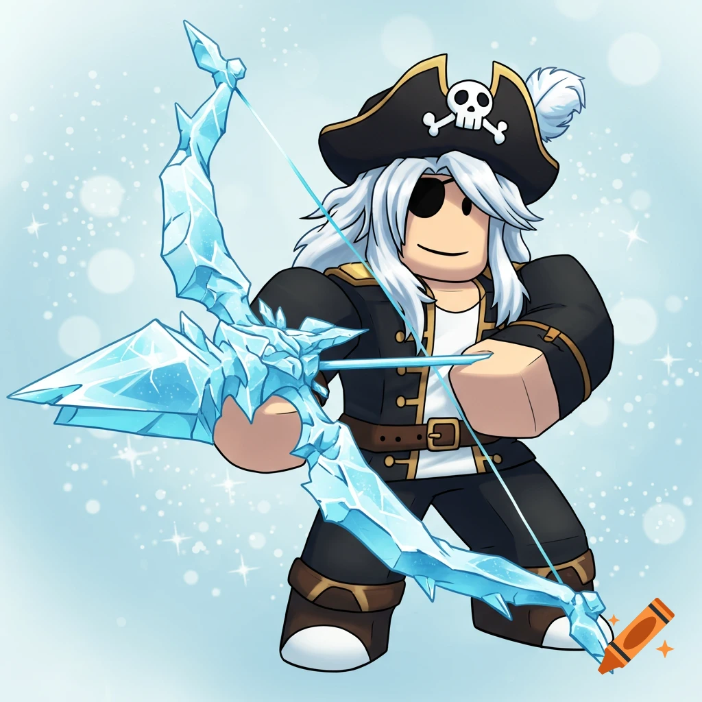 A stylized Roblox-style character with white hair and a pirate hat, holding a large blue icy bow against a sparkly light blue background in a cartoon art style.