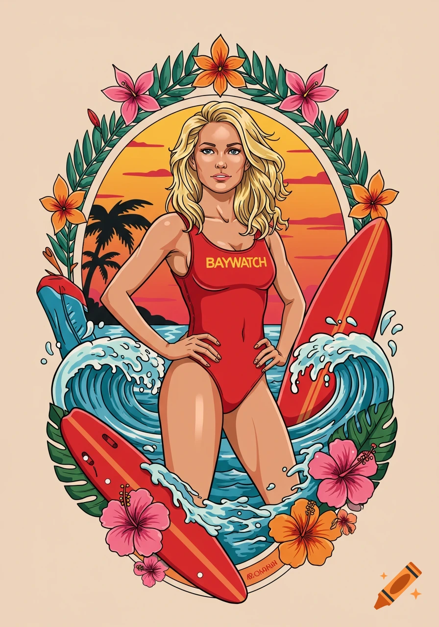 New school tattoo style illustration of a blonde woman in a red Baywatch swimsuit, surrounded by surfboards, waves, and tropical flowers.