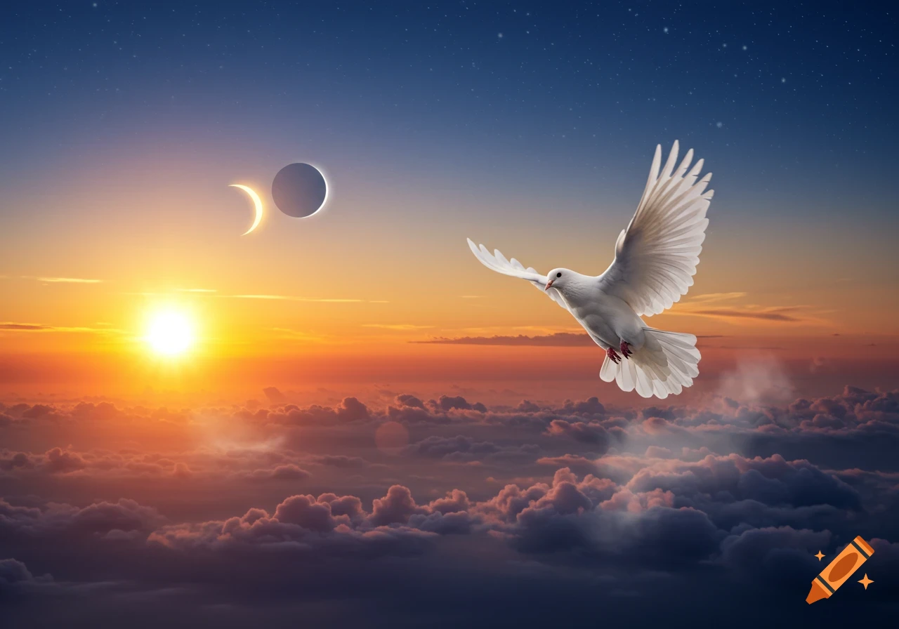 A white dove flies above clouds during a vibrant sunset, with a lunar eclipse visible in the starry sky.