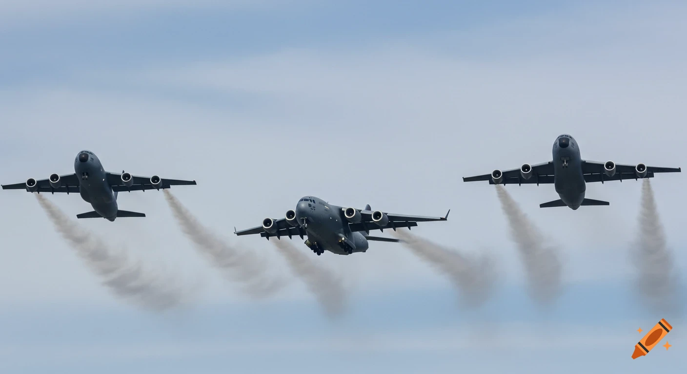 Three large military transport aircraft fly in formation with exhaust trails against a cloudy sky.