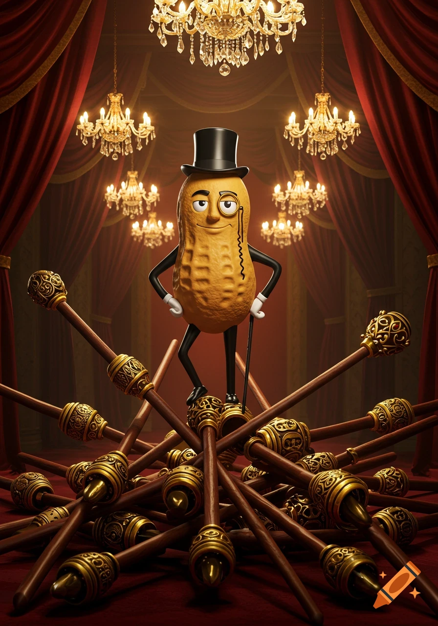 Mr. Peanut, in a top hat and monocle, stands proudly on a pile of canes in a grand red room with ornate chandeliers.
