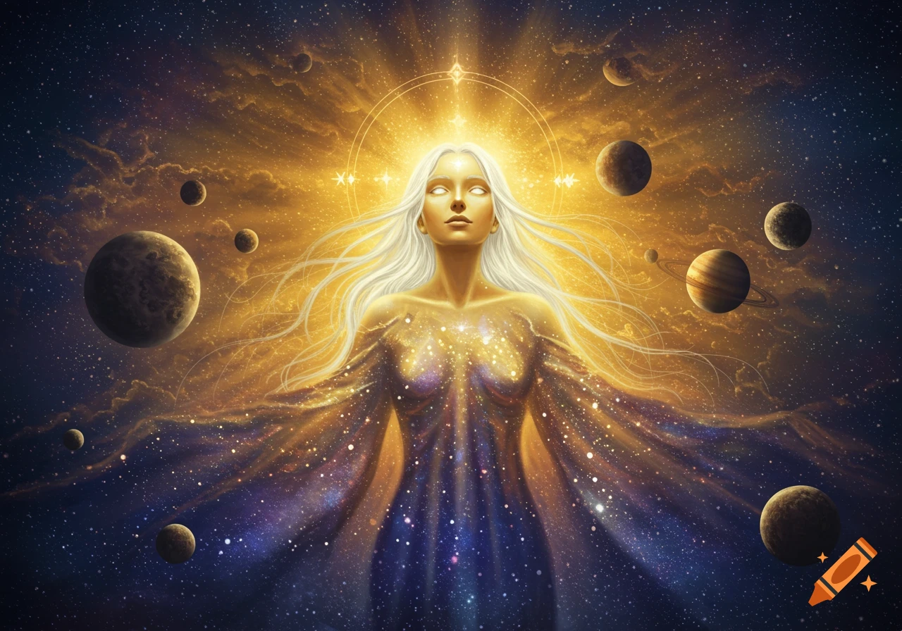 A luminous celestial goddess with flowing white hair and a body filled with stars and galaxies, surrounded by planets in a cosmic, golden-hued sky.