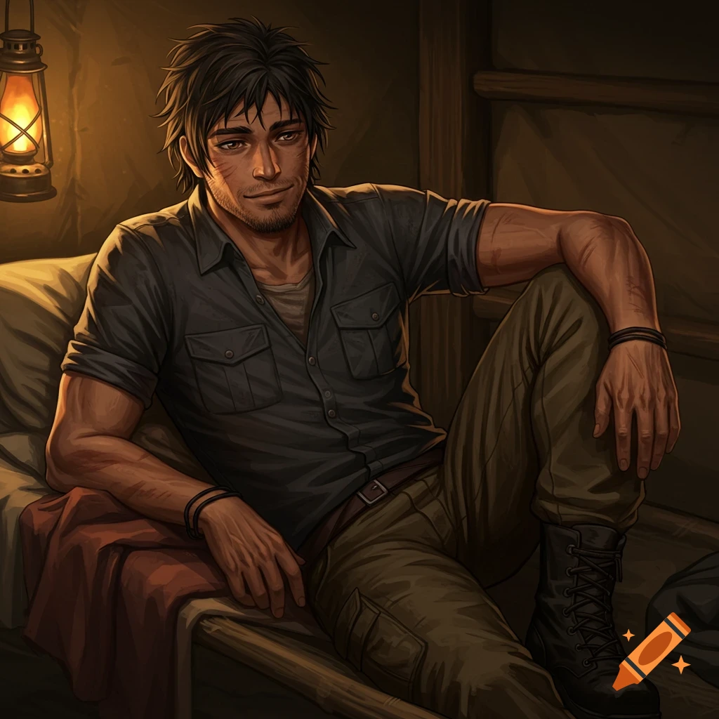 An anime-style illustration of a rugged man with dark hair and stubble, sitting on a cot in a dimly lit room illuminated by a lantern.