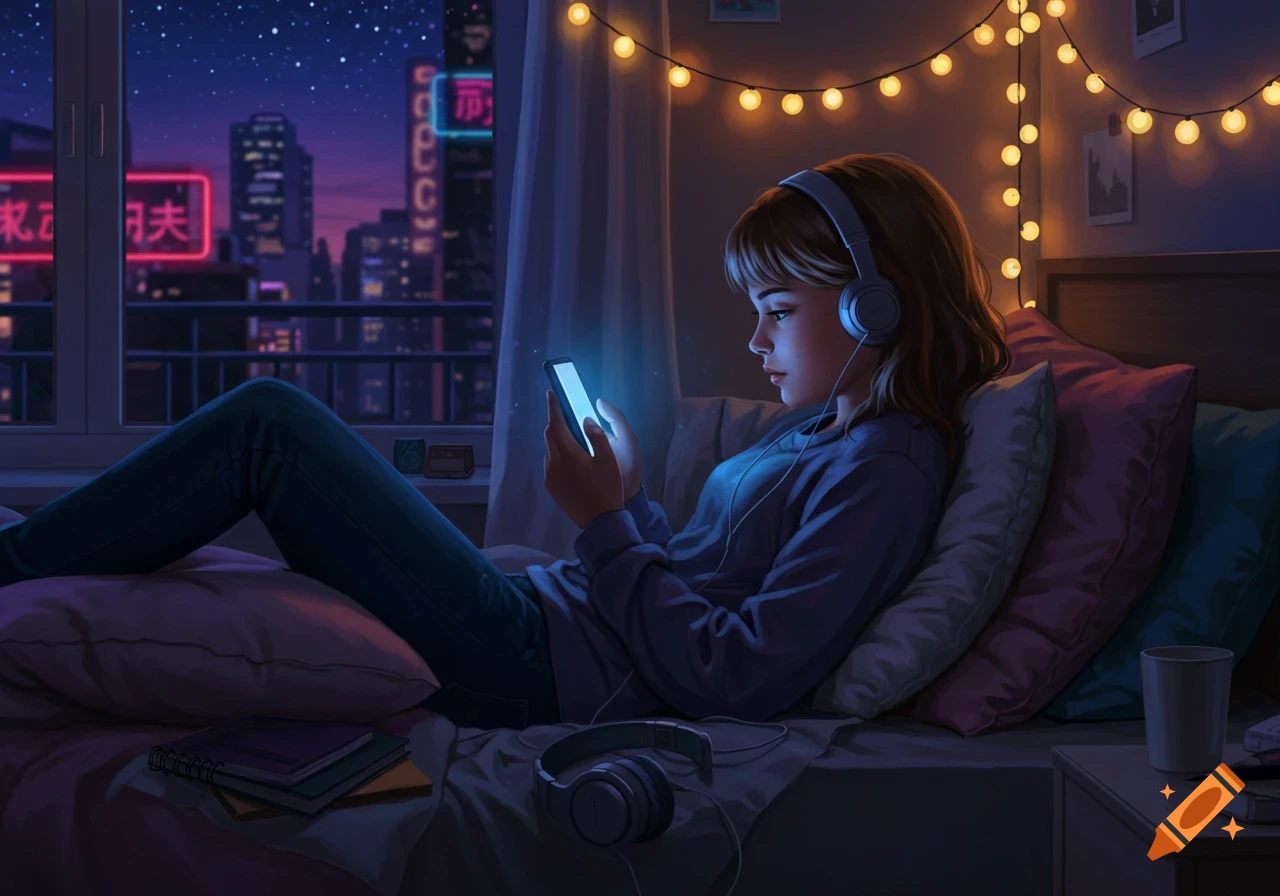 An anime-style illustration of a teen girl lying in bed at night, wearing headphones and looking at a glowing smartphone. City lights and neon signs are visible outside her window, with fairy lights strung across her room.