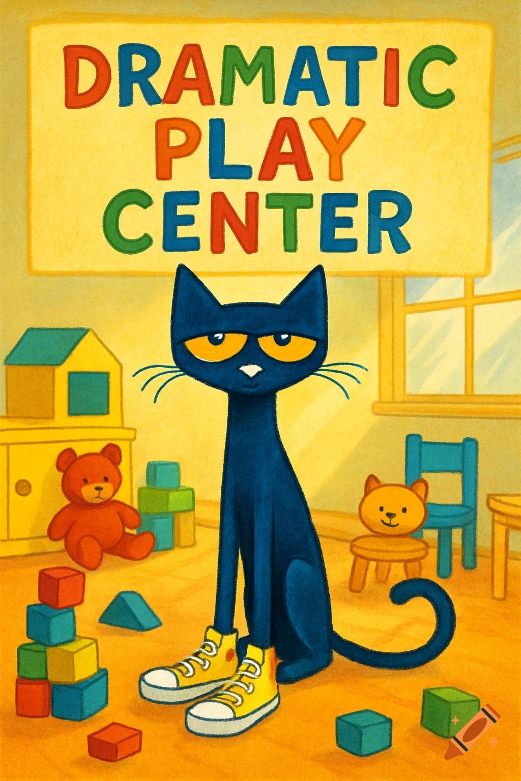 Pete the Cat, a blue cartoon cat in yellow shoes, sits in a colorful playroom with a 'Dramatic Play Center' sign and toys.