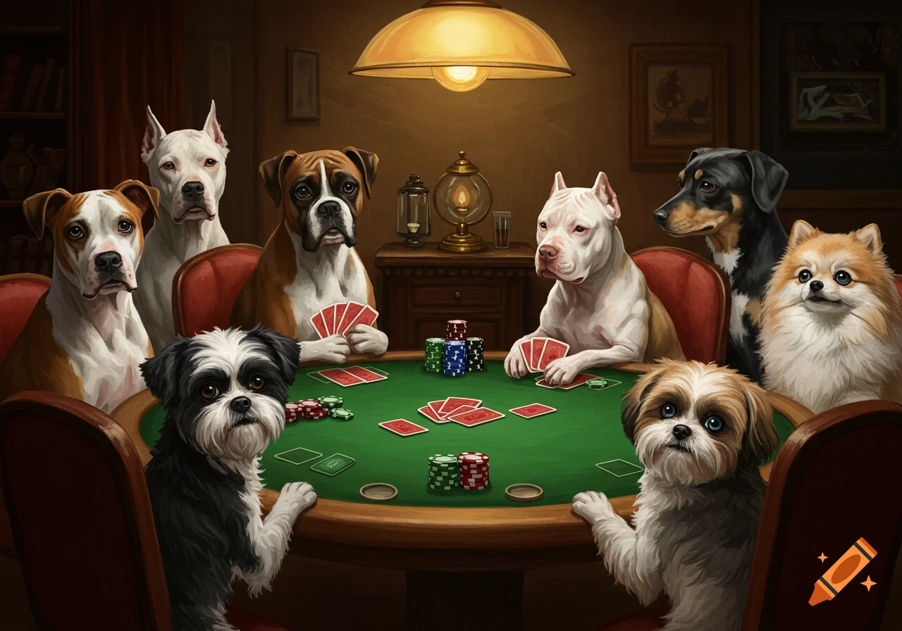 Eight dogs of various breeds, including boxers, a pitbull, shih tzus, and a Pomeranian, gather around a green poker table, playing cards in a warmly lit room.