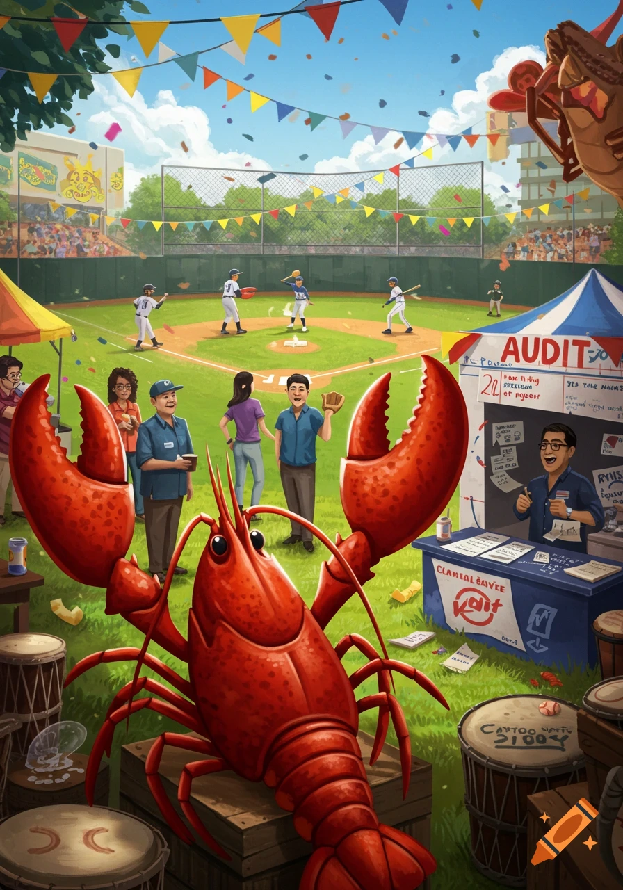 A vibrant festival scene featuring a giant red lobster in the foreground, a baseball game in progress on a field, and various people and tents. Banners hang across a blue sky.