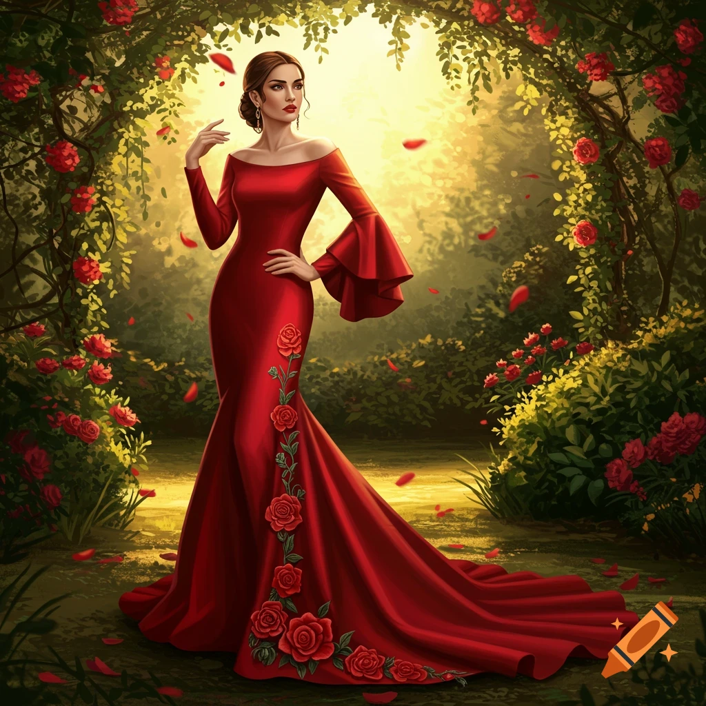A woman in a flowing red gown adorned with roses stands in a lush, sunlit garden.