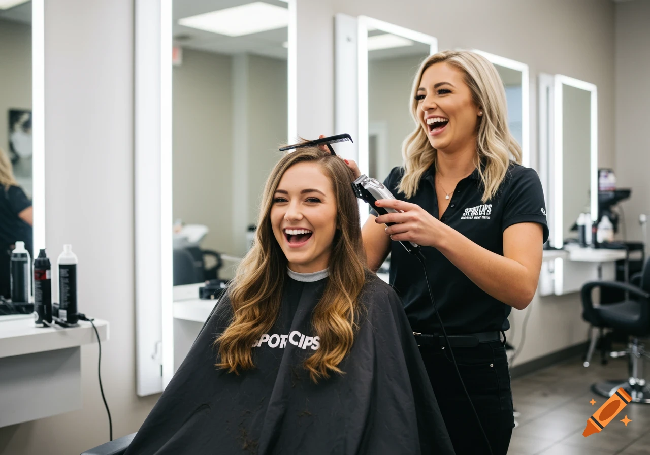 Two smiling women in a modern hair salon, a stylist cutting a client's long hair with clippers.