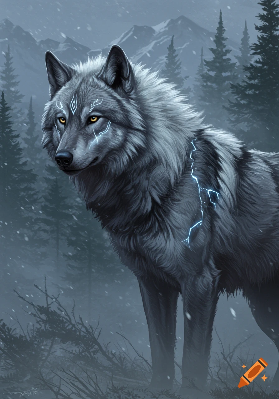 A majestic fantasy wolf with glowing markings and yellow eyes stands in a snowy forest.
