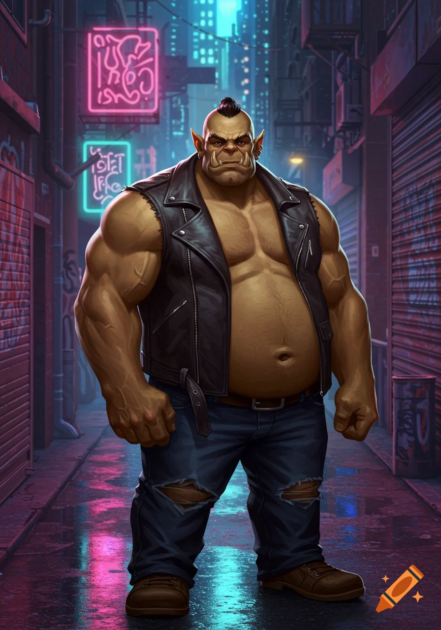 A muscular, burly orc with a mohawk and a belly, wearing a leather vest and torn jeans, stands in a neon-lit urban alley.