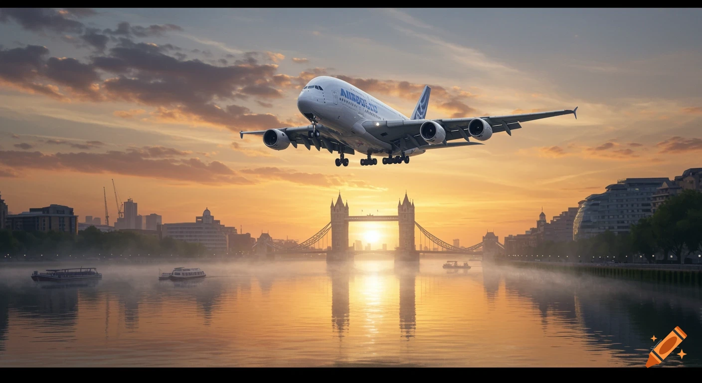 A large Airbus A380 airplane flies low over London's Tower Bridge and the River Thames at sunset, with a golden glow.