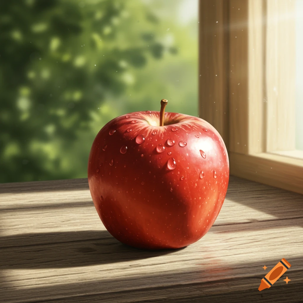 A vibrant red apple covered in water droplets rests on a wooden table, illuminated by sunlight streaming through a window with blurred green foliage outside.
