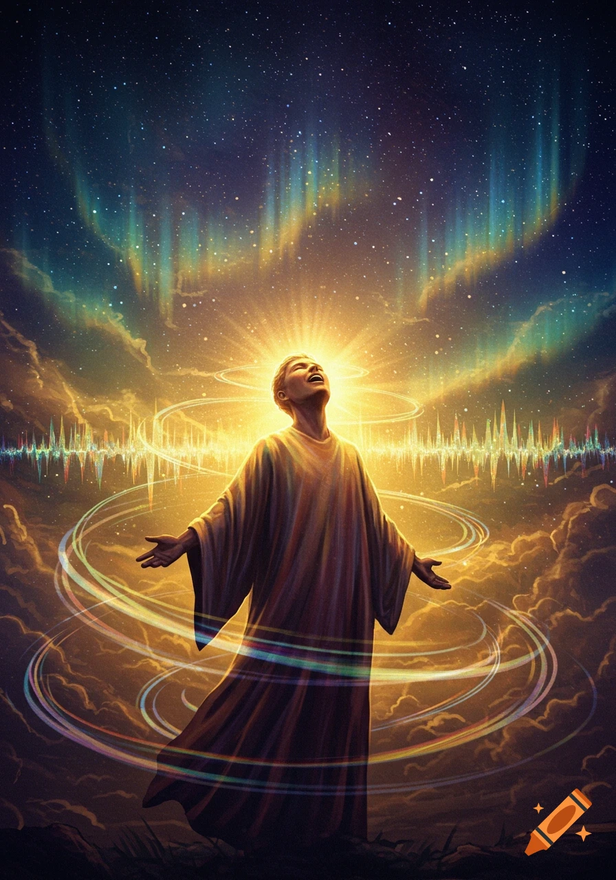 A person in a flowing robe stands with arms outstretched, looking up into a starry sky filled with a glowing aurora and swirling light patterns.