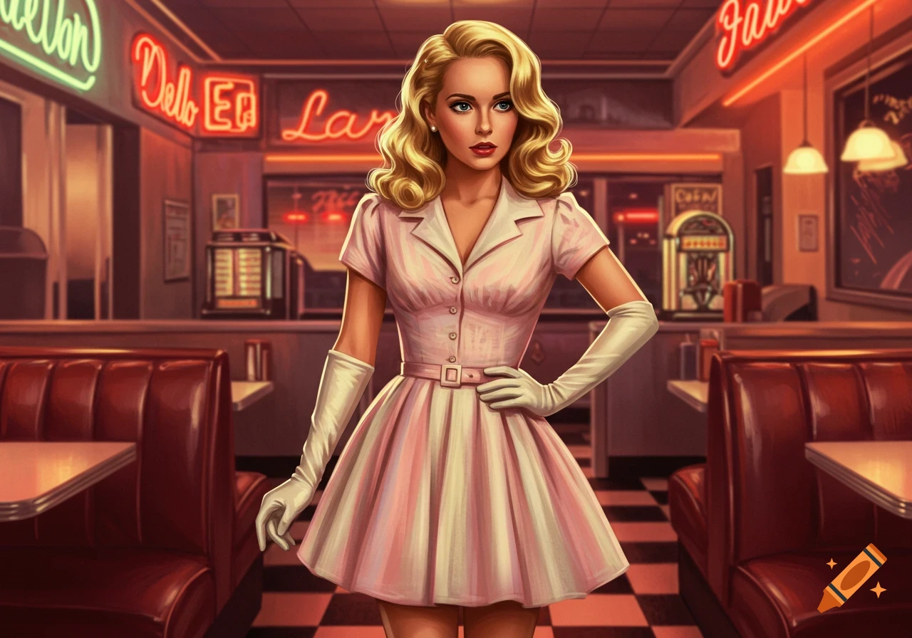 A blonde woman in a pink dress and white gloves stands in a retro diner with red booths and neon signs.