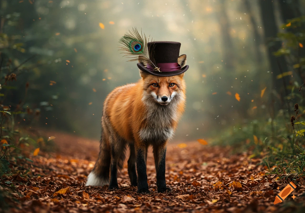 A photorealistic fox wearing a top hat with a peacock feather stands on a leafy forest path.